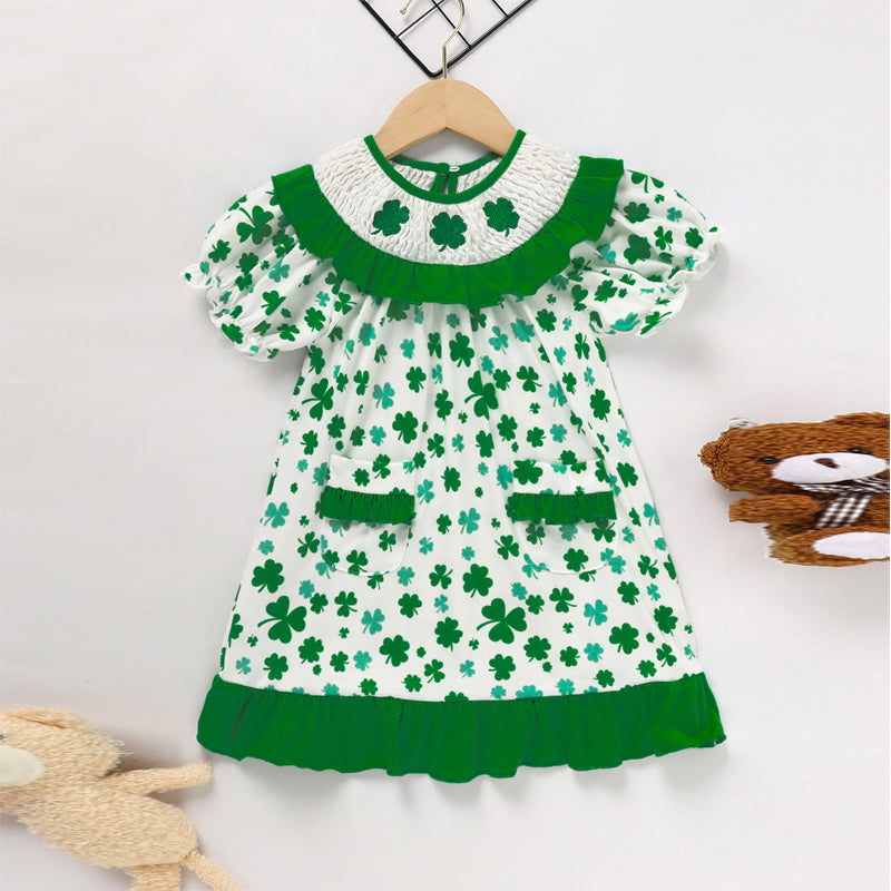 Girl's Clover Print Dress With Pockets And Back Buttons