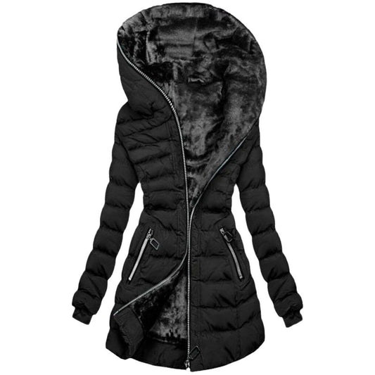 Hooded Fleece Padded Mid-length Jacket