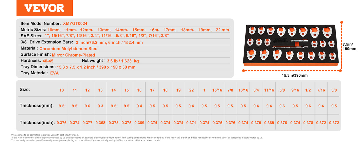 Crowfoot Wrench Set - 2 Extension Bars & 24-Piece Crows