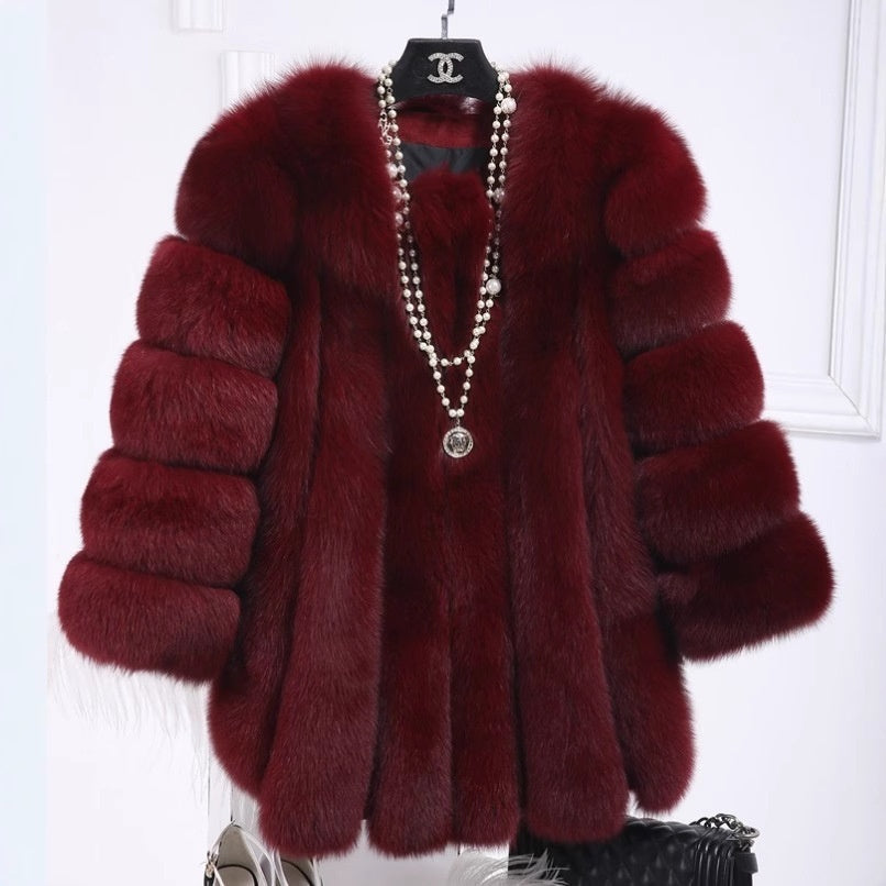 Artificial Fox Fur Mid-length Coat