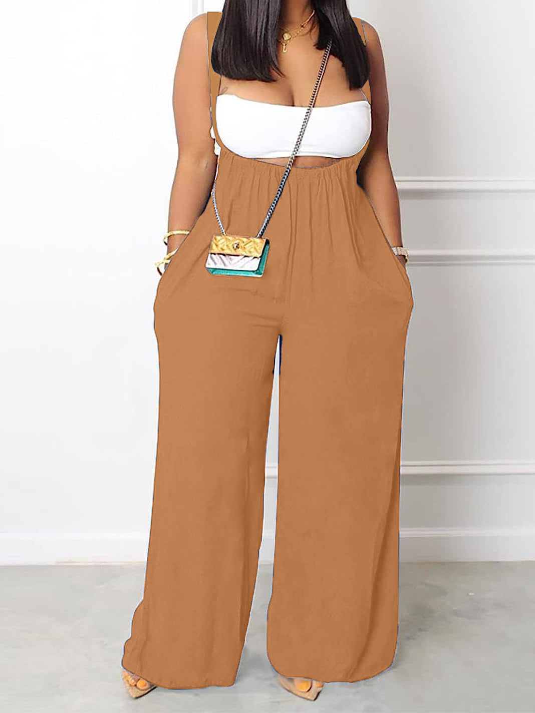 Plus Size Solid Color Pocket Overalls