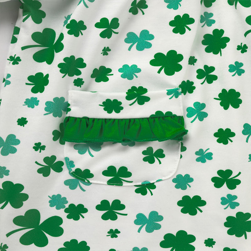 Girl's Clover Print Dress With Pockets And Back Buttons