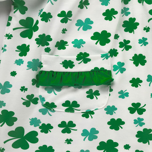 Girl's Clover Print Dress With Pockets And Back Buttons