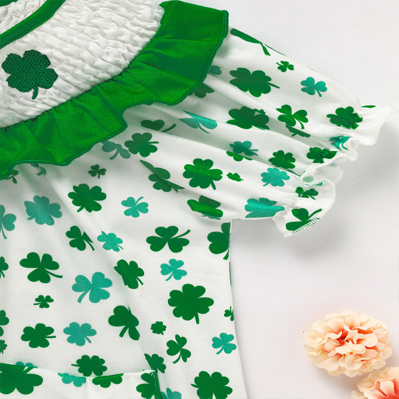 Girl's Clover Print Dress With Pockets And Back Buttons