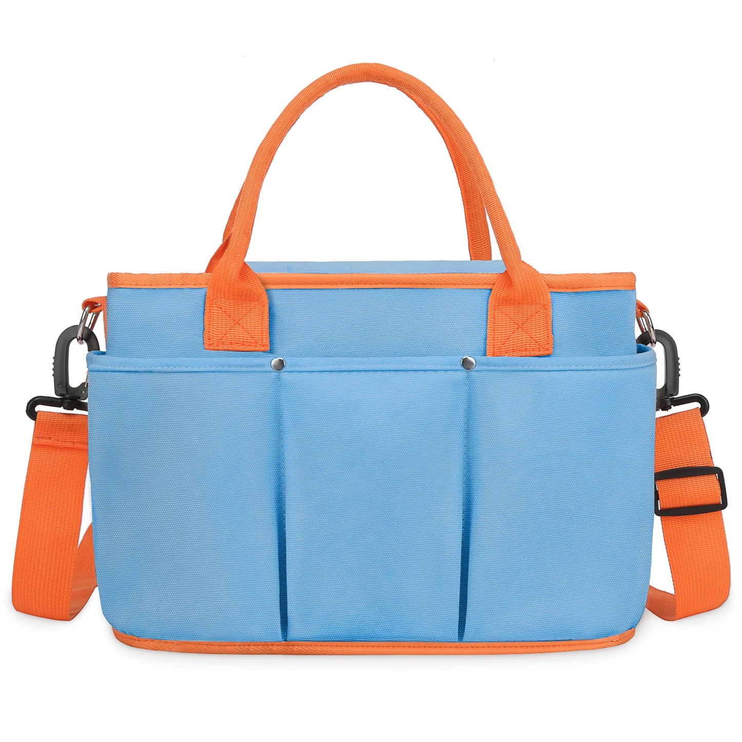Blue and orange tote bag with multiple compartments on a white background