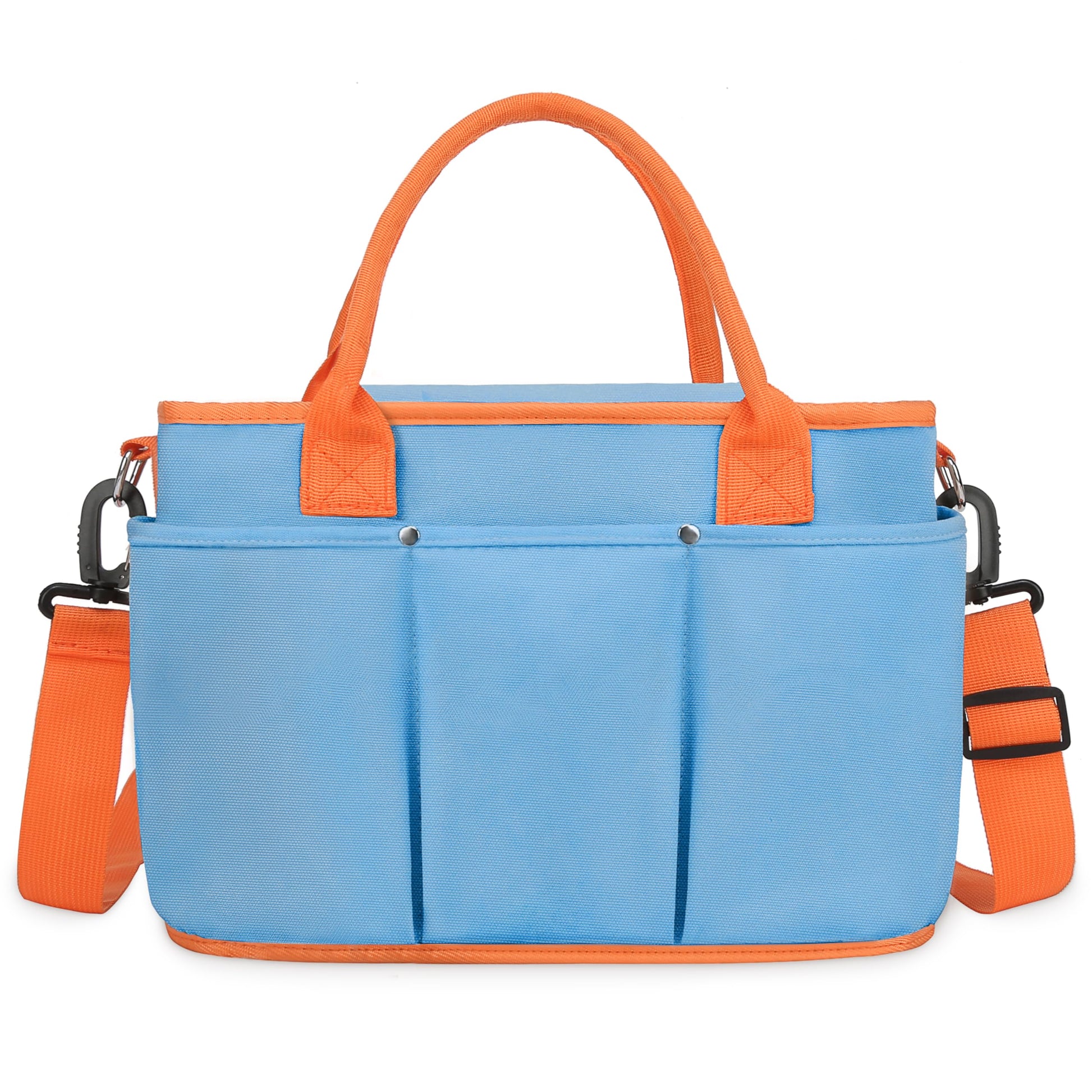 Blue and orange tote bag with multiple compartments on a white background