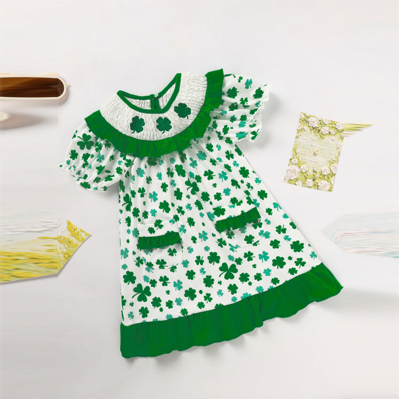 Girl's Clover Print Dress With Pockets And Back Buttons