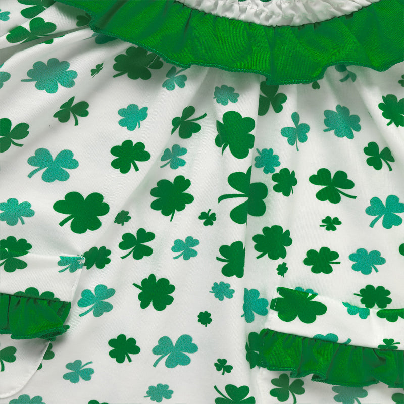 Girl's Clover Print Dress With Pockets And Back Buttons