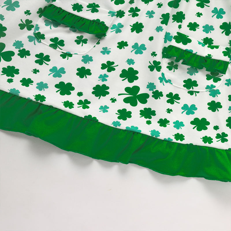 Girl's Clover Print Dress With Pockets And Back Buttons