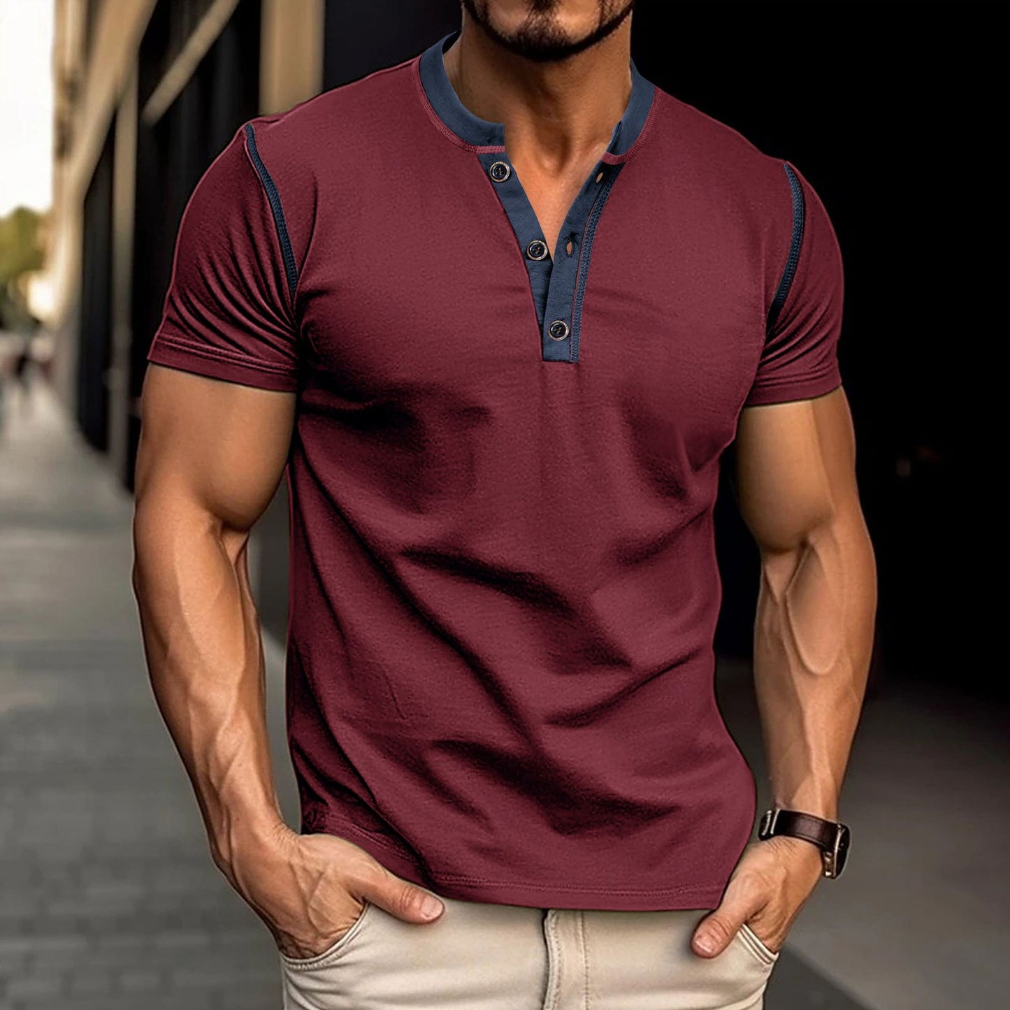 Summer Button V-neck T-shirt
