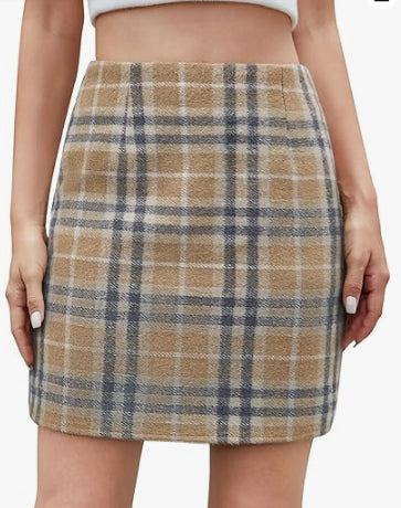 High Waist Plaid Wool Mini Skirt