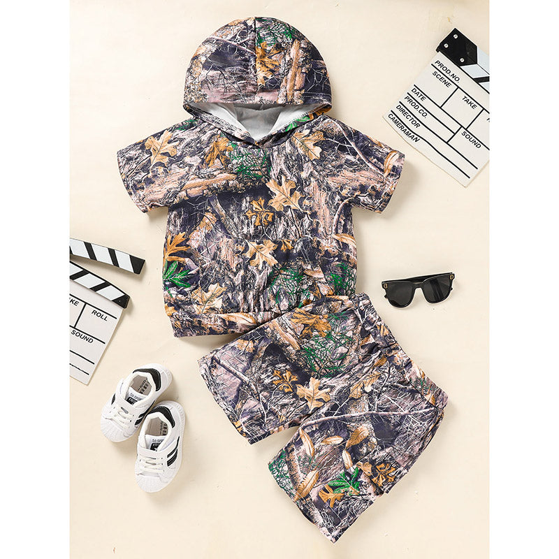 Print Hoodie & Short Pants With Pocket