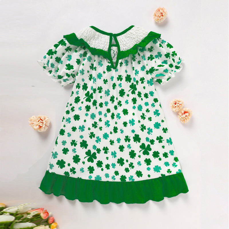 Girl's Clover Print Dress With Pockets And Back Buttons