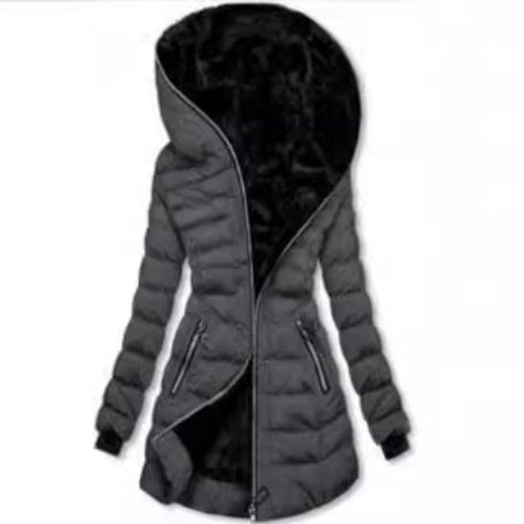 Hooded Fleece Padded Mid-length Jacket
