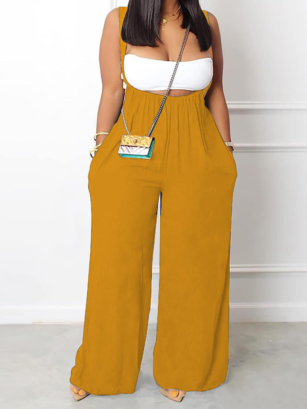 Plus Size Solid Color Pocket Overalls