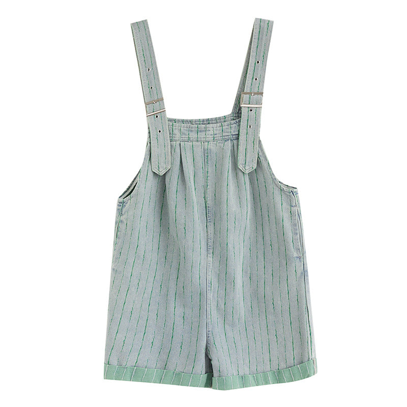 Striped Denim Strapped Overall Shorts