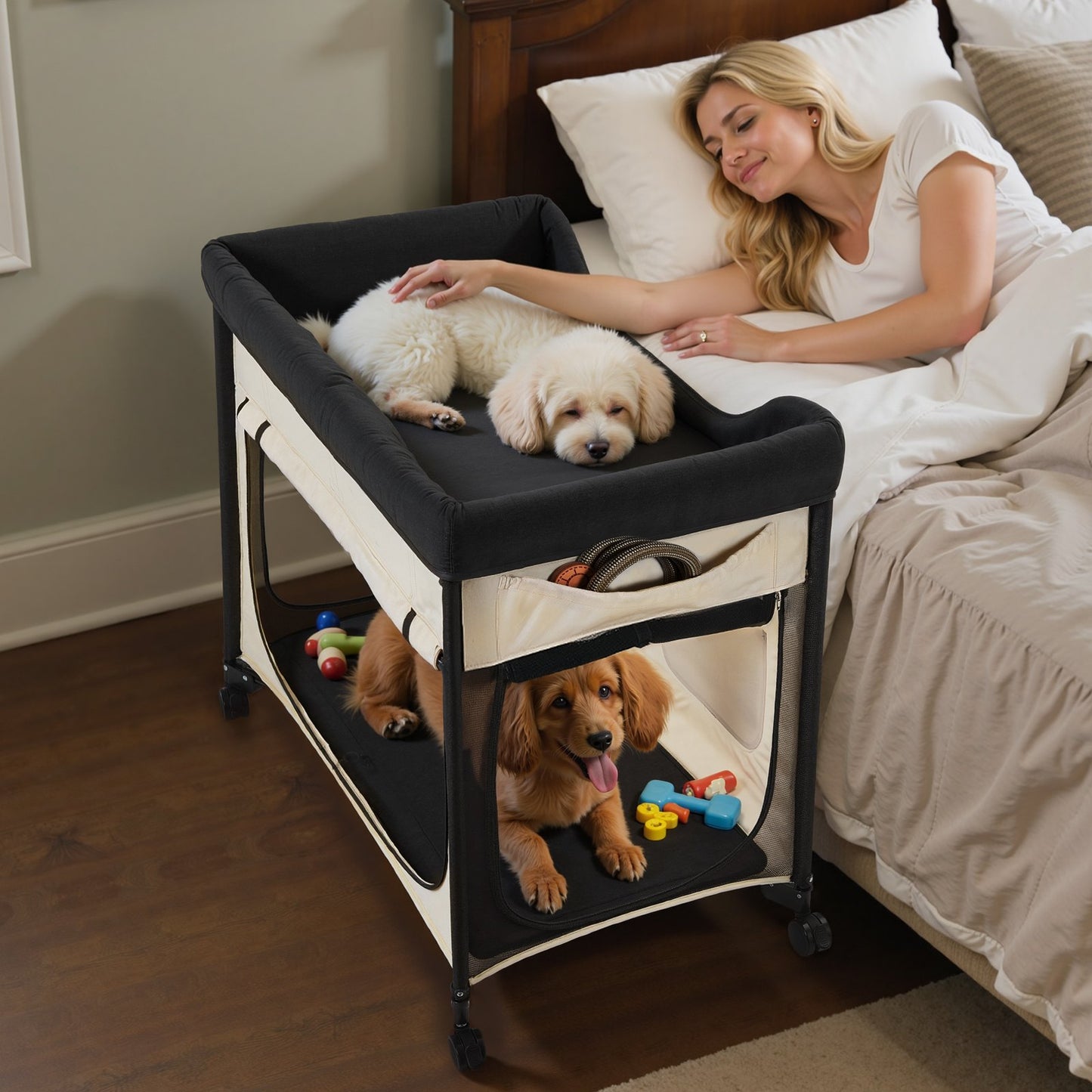 Foldable Bunk Dog Bed With Wheels & Side Bags