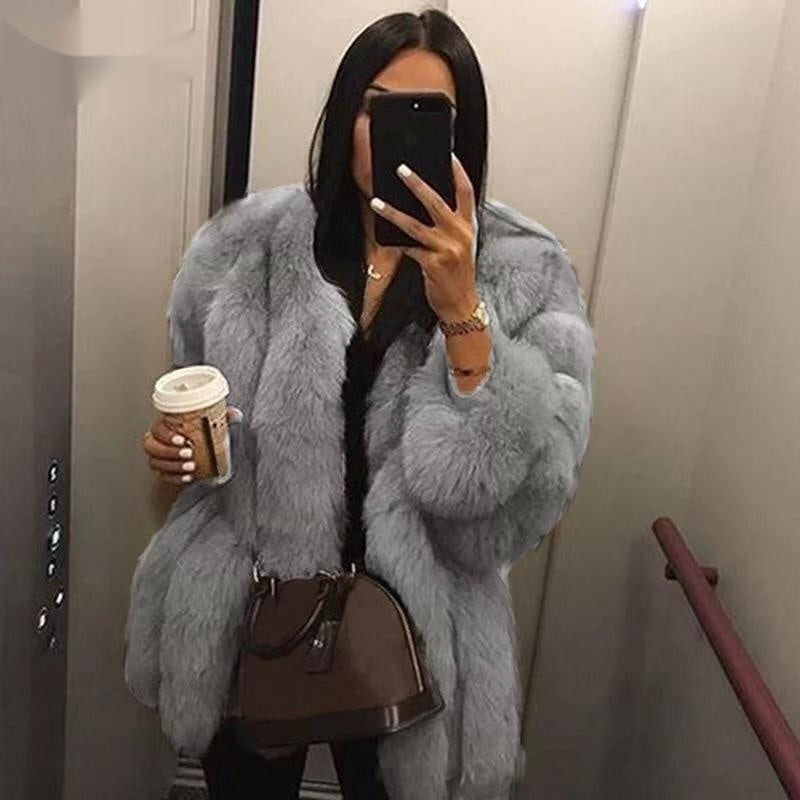 Artificial Fox Fur Mid-length Coat