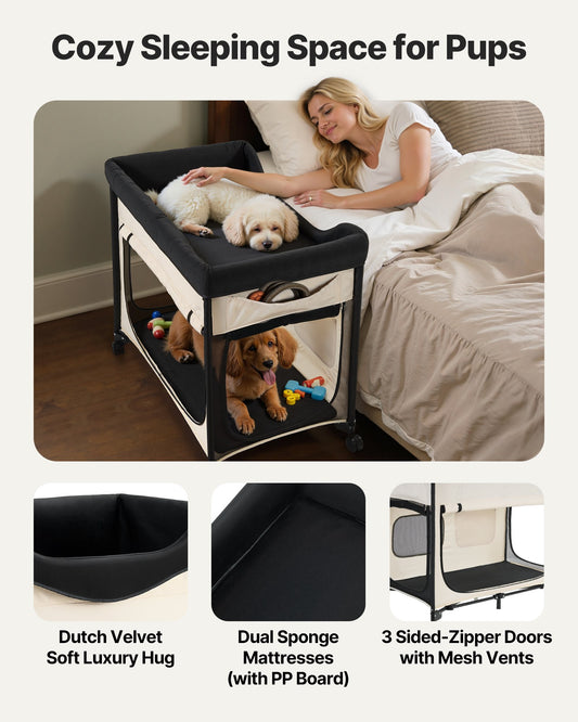 Foldable Bunk Dog Bed With Wheels & Side Bags
