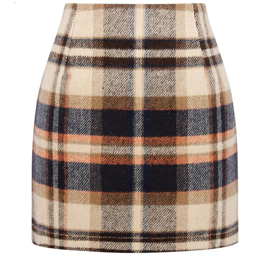 High Waist Plaid Wool Mini Skirt