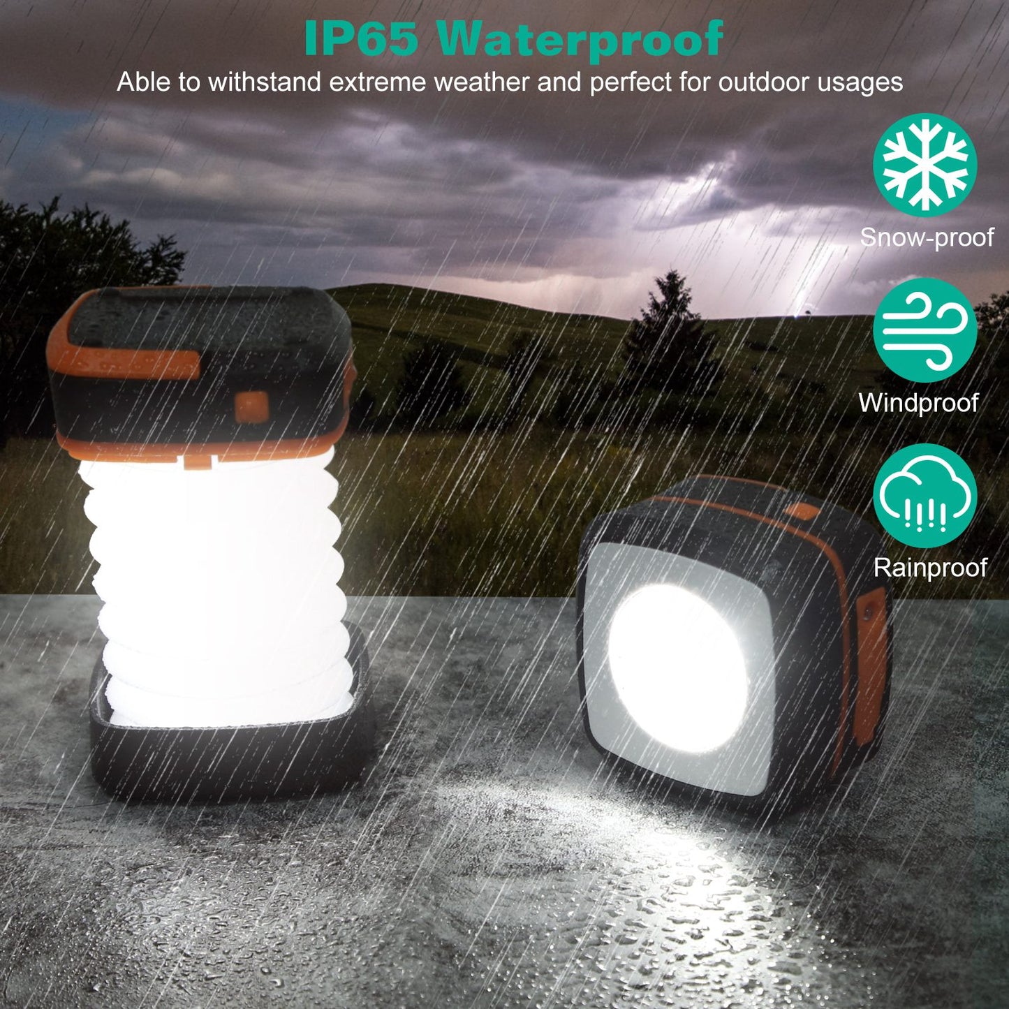 Two outdoor lights with rainproof, windproof, and snowproof features on a rainy day background.