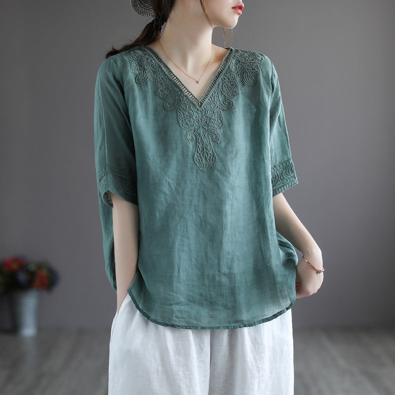 Retro Cotton And Linen Short-sleeved T-shirt