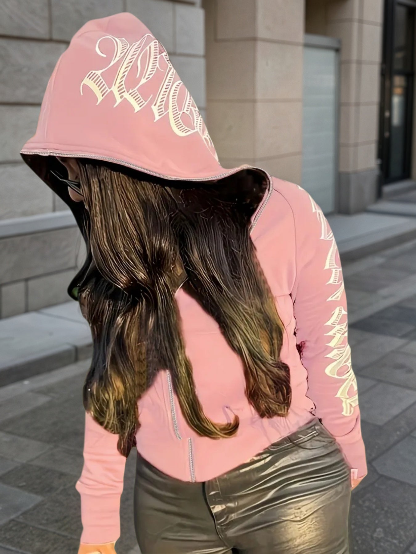 Letter Printed Long Sleeve Zipper Hoodie