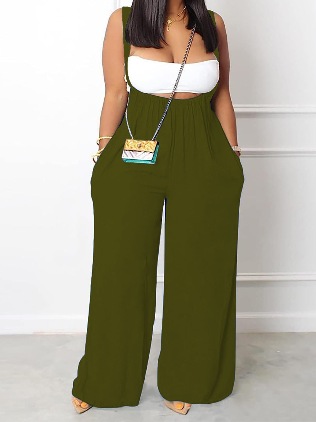Plus Size Solid Color Pocket Overalls