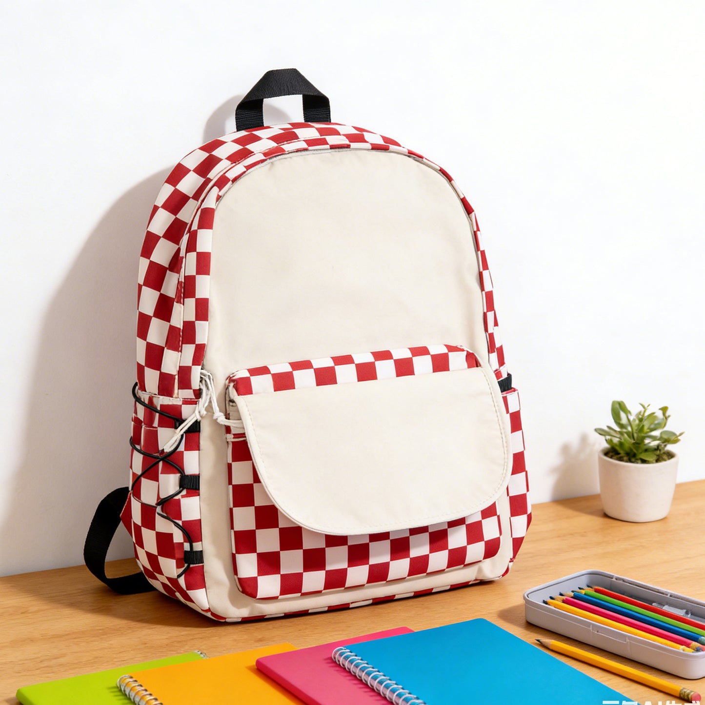 Red and white checkered backpack on a wooden surface with stationery items.