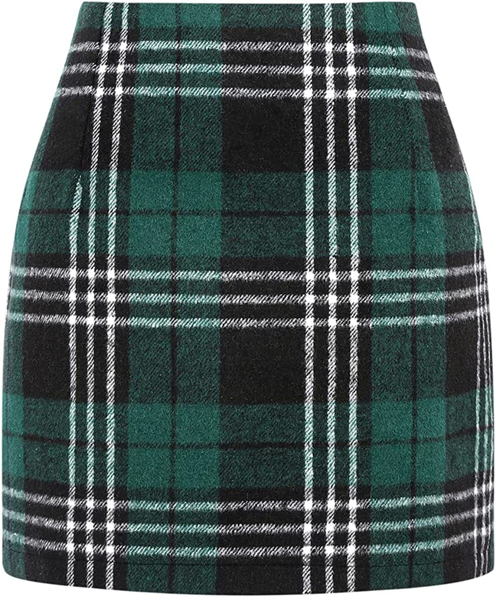 High Waist Plaid Wool Mini Skirt