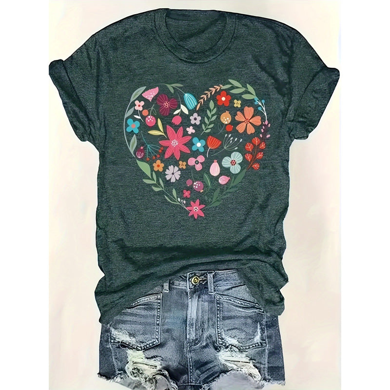 Floral Heart Print Short Sleeve T-Shirt