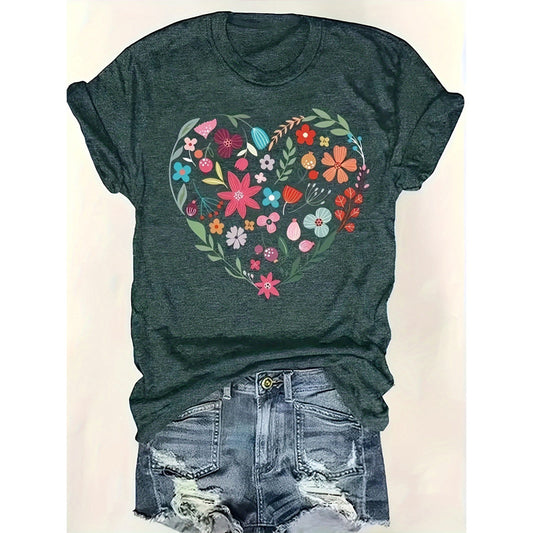 Floral Heart Print Short Sleeve T-Shirt