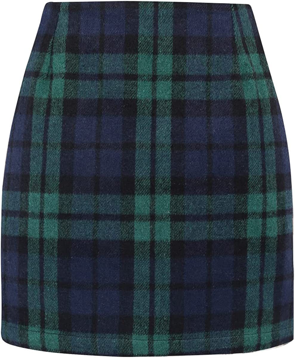 High Waist Plaid Wool Mini Skirt