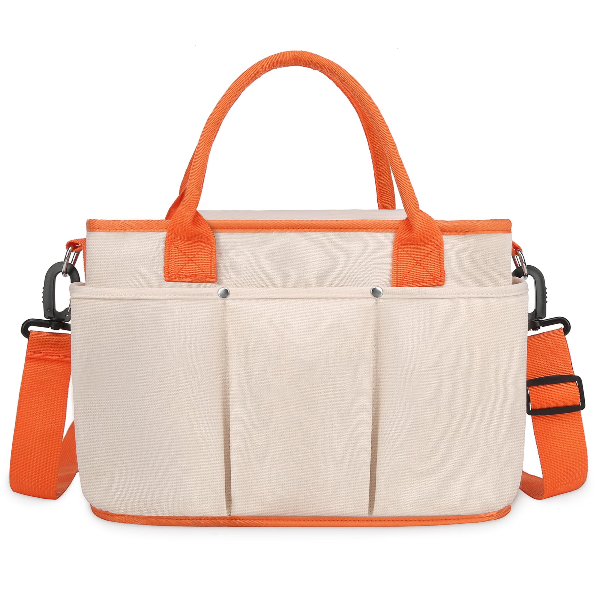 Beige and orange tote bag with multiple pockets on a white background
