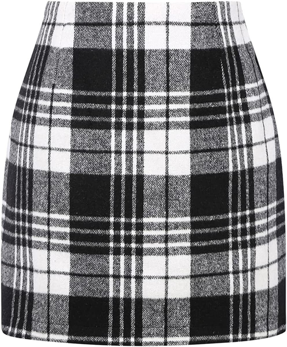High Waist Plaid Wool Mini Skirt