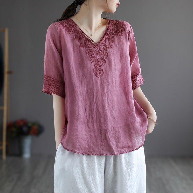 Retro Cotton And Linen Short-sleeved T-shirt