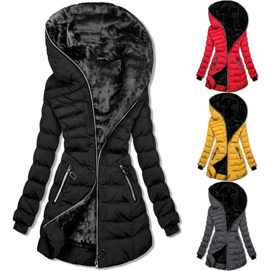 Hooded Fleece Padded Mid-length Jacket