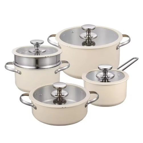 Stainless Steel Ceramic Coated Pot Set - 9Pcs
