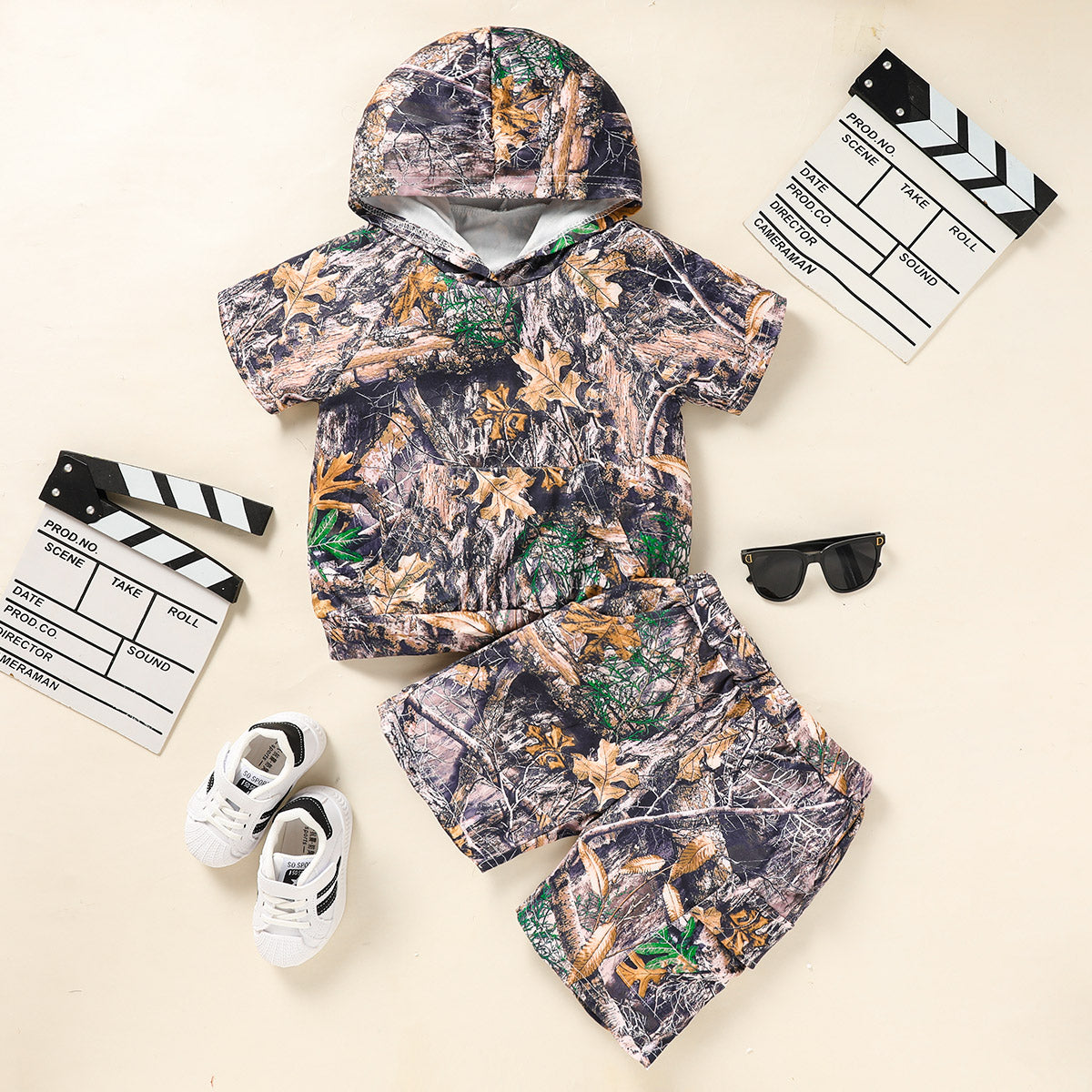 Print Hoodie & Short Pants With Pocket