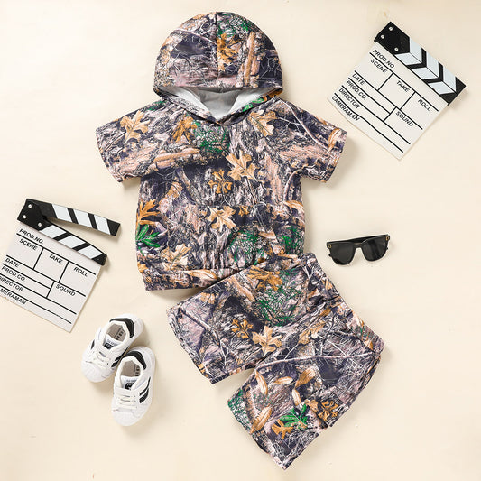 Print Hoodie & Short Pants With Pocket