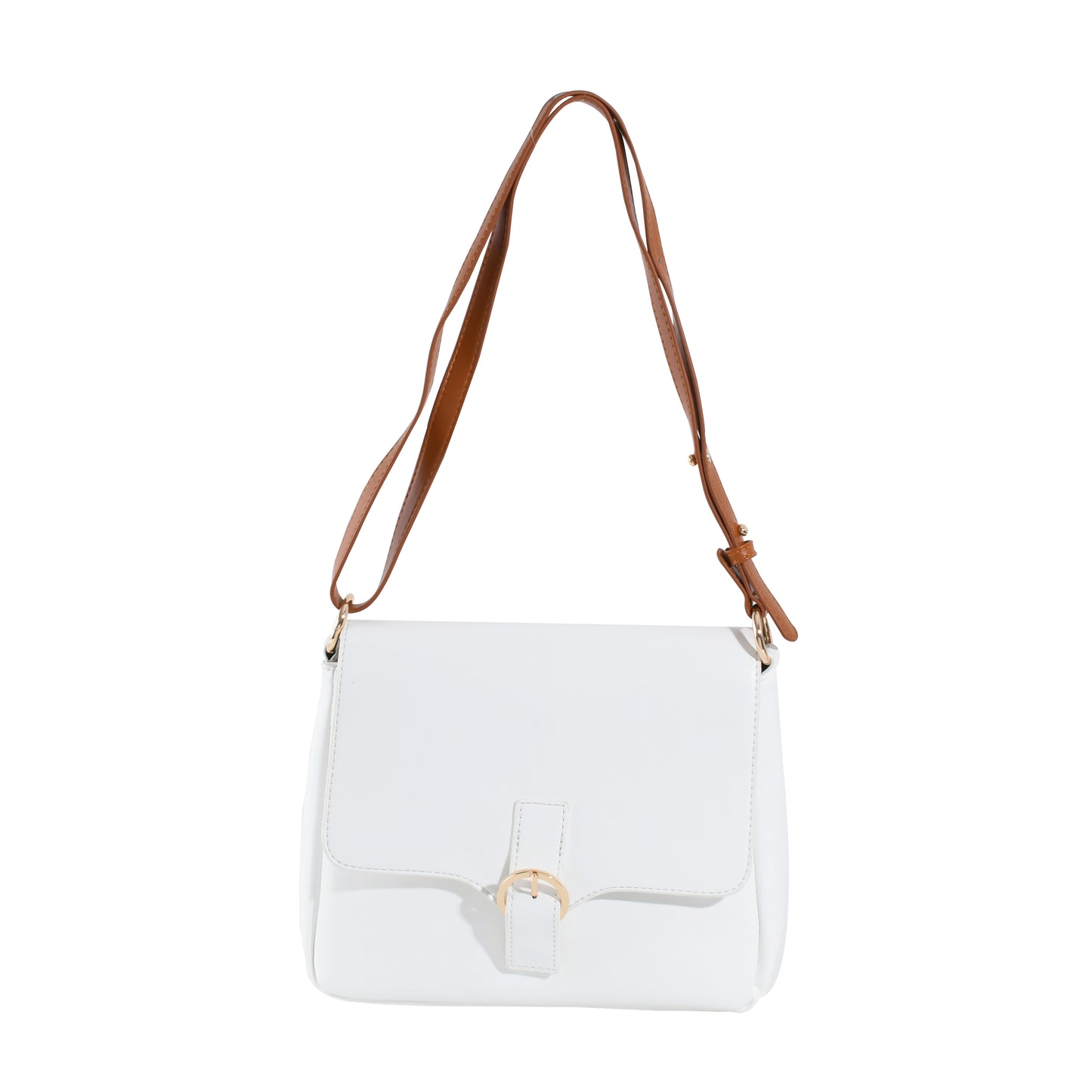 White handbag with a brown strap on a white background