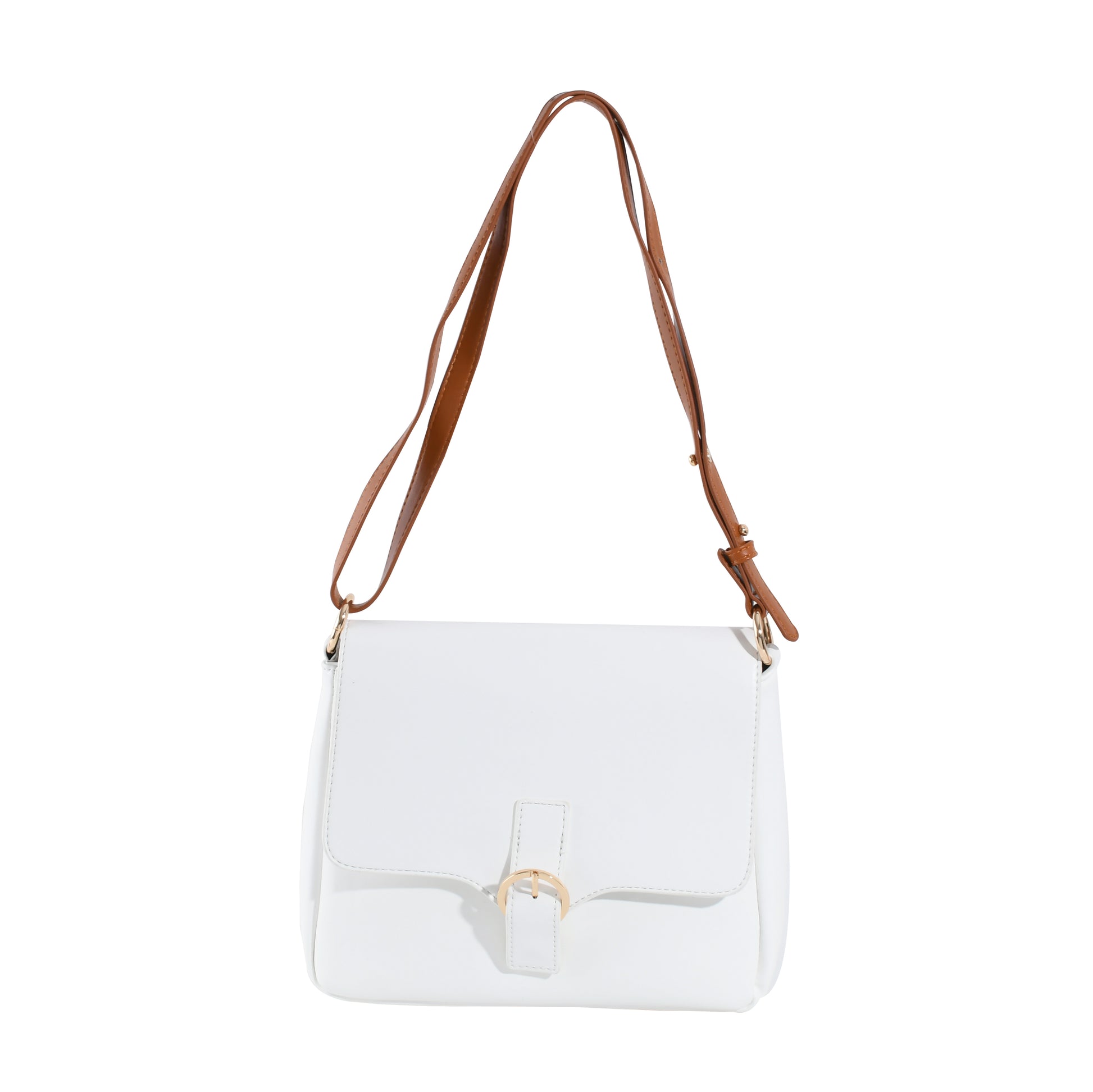 White handbag with a brown strap on a white background