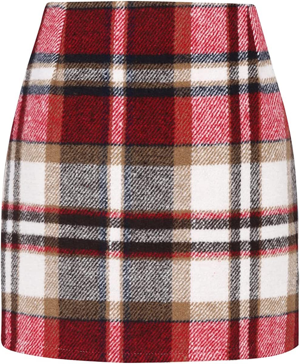 High Waist Plaid Wool Mini Skirt