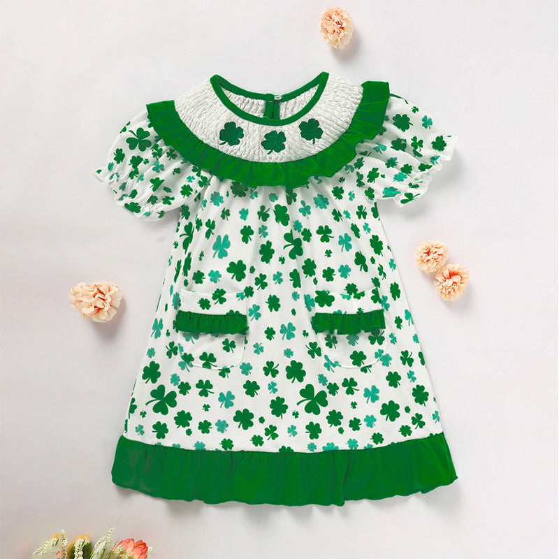 Girl's Clover Print Dress With Pockets And Back Buttons